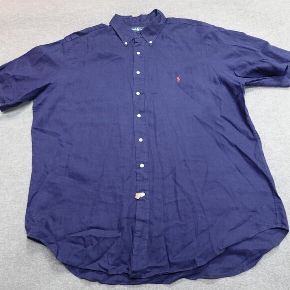 Polo Ralph Lauren Shirt 2XLT Blue Solid Button Down 100% Linen Short Sleeves - Picture 1 of 7